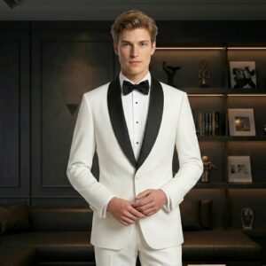 Bộ Tuxedo Nam Màu Trắng Ve Đen Cổ Sam Lịch Lãm