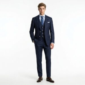 Bộ Suit 3 Mảnh Cao Cấp Lucide "The Kingpin" – Xanh Navy Kẻ Sọc Phấn