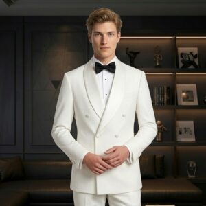 Bộ Tuxedo Nam Màu Trắng Ve Cổ Sam Sang Trọng